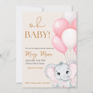 Convites Blush Ivory Elephant Pink Balloons Chá de fraldas