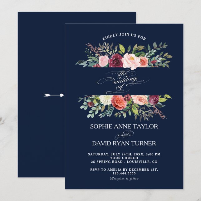 Convites Blush Ivory Flowers Frame Burgundy Casamento (Frente/Verso)