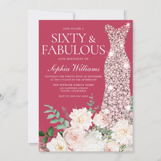 Convites Blush & Ivory, Rosa Dourado e Magenta 60º aniversá (Frente)