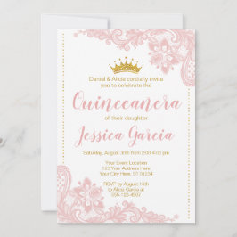 Convites Blush Lace e Glitter Dourada Princesa Quinceañera