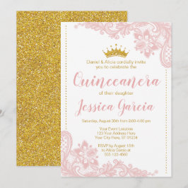 Convites Blush Lace e Glitter Dourada Princesa Quinceañera