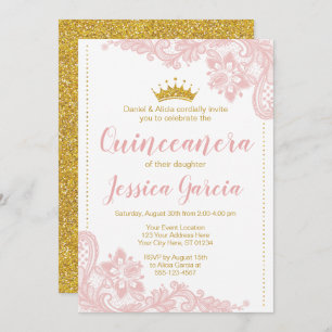 Convites Blush Lace e Glitter Dourada Princesa Quinceañera