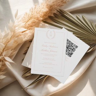 Convites Blush Laurel Monogram Wedding Invitation QR Code