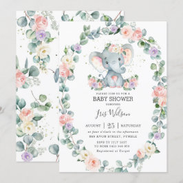 Convites Blush Lilac Floral Chá de fraldas Elefante