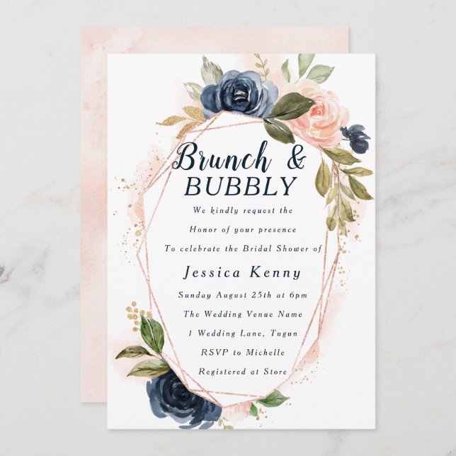 Convites Blush Marinho Geométrico Brunch e Bubble (Frente/Verso)