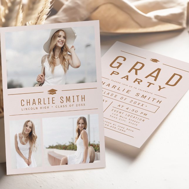Convites Blush Modern Typografia 3 Fotografia Festa de form (Blush Modern Typography 3 Photo Graduation Party Invitation)