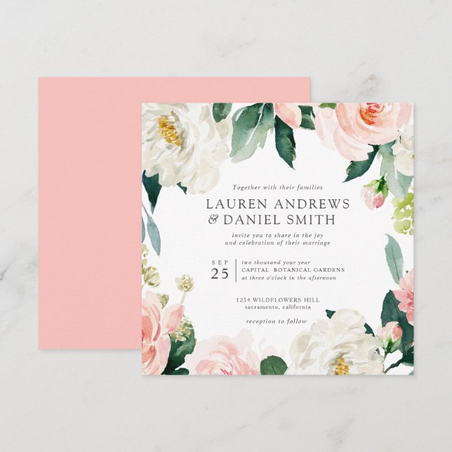 Convites Blush Moderno | Casamento Chic Botanical Garland (Frente/Verso)