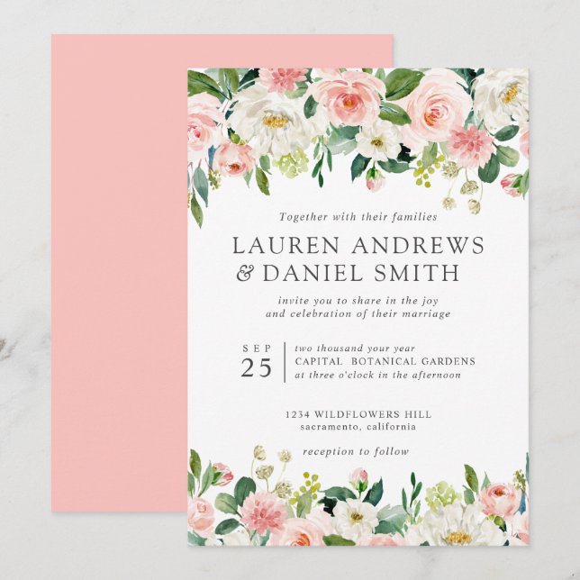 Convites Blush Moderno | Casamento Chic Botanical Garland (Frente/Verso)