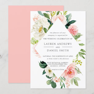 Convites Blush Moderno  Casamento Floral Rosa de Diamante C