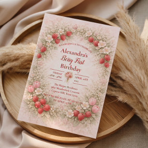 Convites Blush Morango Vintage Jardim 1º Aniversário