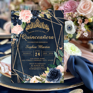 Convites Blush Naval Floral Borboleta Geométrico Quinceaner