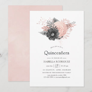 Convites Blush Pastel Rosa e Floral Charcoal Quinceañera
