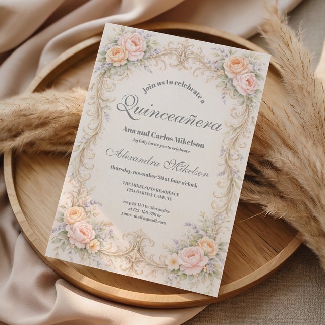 Convites Blush Peach Barroco Quinceañera (Criador carregado)