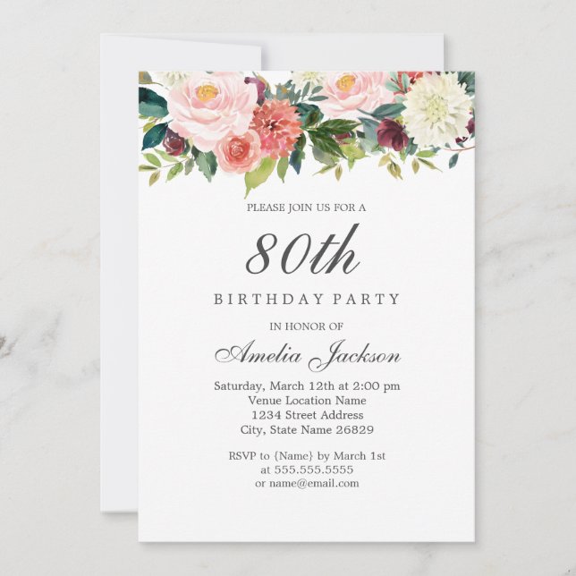 Convites Blush Peach Botânico Floral 80º Aniversário (Frente)