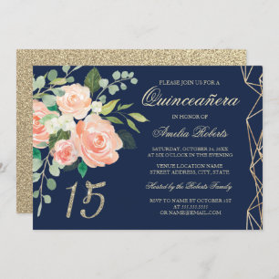 Convites Blush Peach Floral Dourado Glitter Marinho Quincea