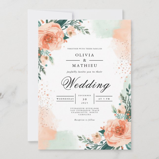 Convites Blush Peach Floral Elegance Weding (Frente)