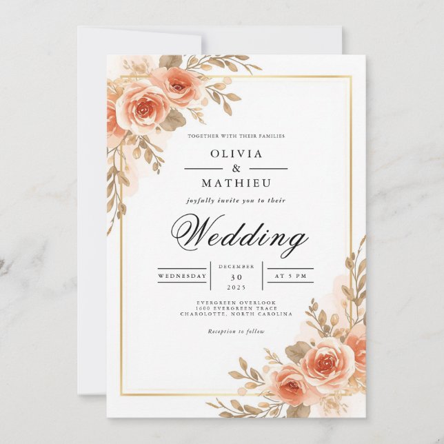Convites Blush Peach Floral Frame Wedding (Frente)