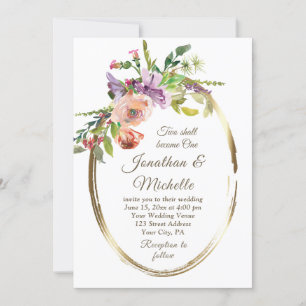 Convites Blush Peach Frame Dourado Floral Casamento Cristão
