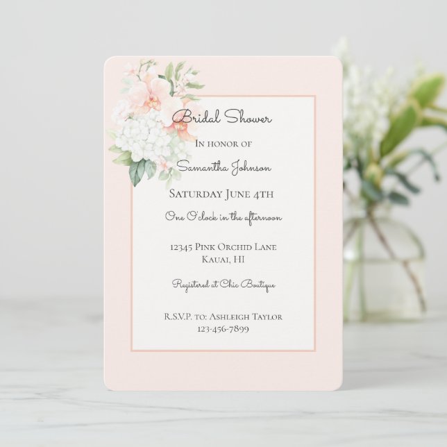Convites Blush Peach Orchid Flowers Bridal Shower (Em pé/Frente)