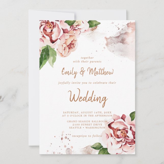 Convites Blush Peonies Modern Abstrato Faux Glitter Weding (Frente)
