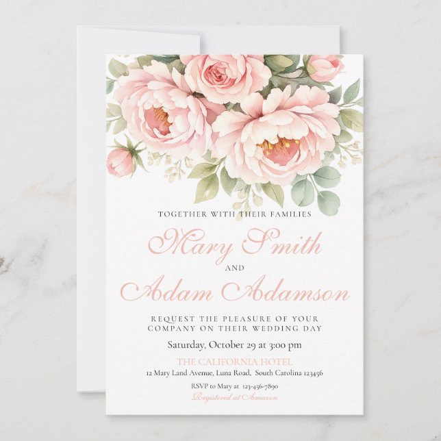 Convites Blush Peony Watercolor Wedding Invitation (Frente)
