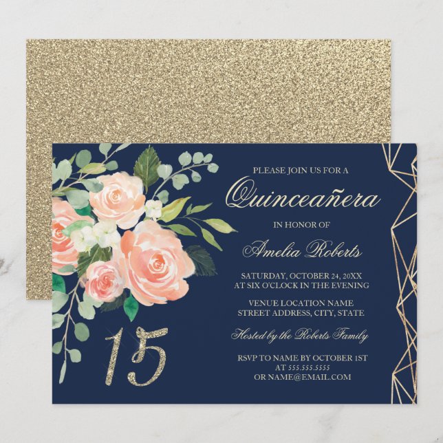 Convites Blush Pêssego Floral Dourado Brilho Azul Marinho Q (Frente/Verso)