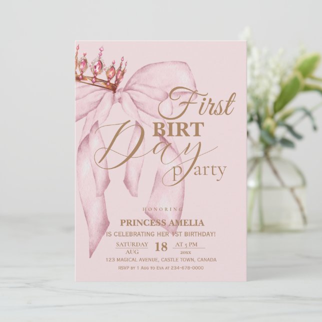 Convites Blush Pink and Gold Bow First Birthday Party (Em pé/Frente)