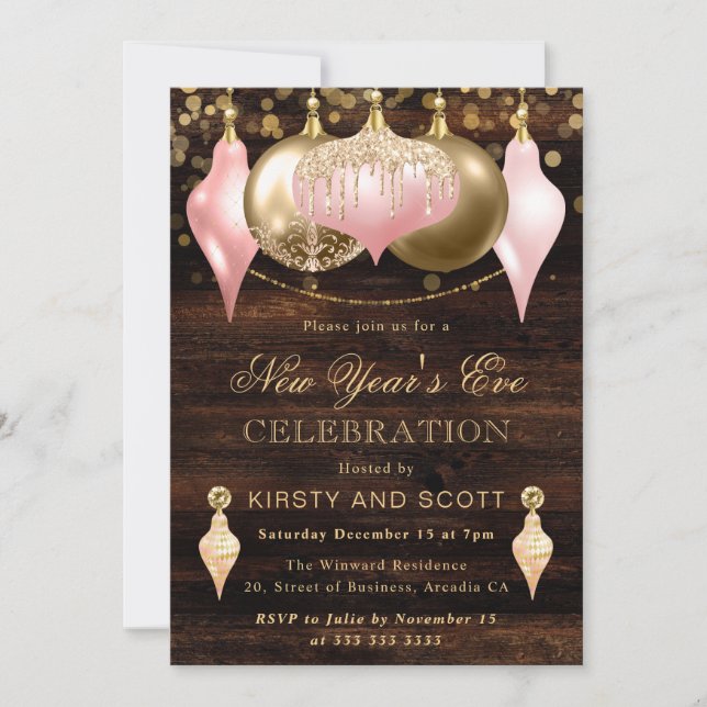 Convites Blush Pink and Gold New Year’s Eve Party (Frente)