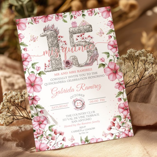Convites Blush Pink and Silver Tiara Mis Quince Quinceañera (Criador carregado)