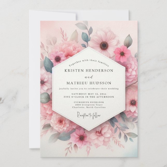 Convites Blush Pink Aquarelle Bloom Wedding (Frente)