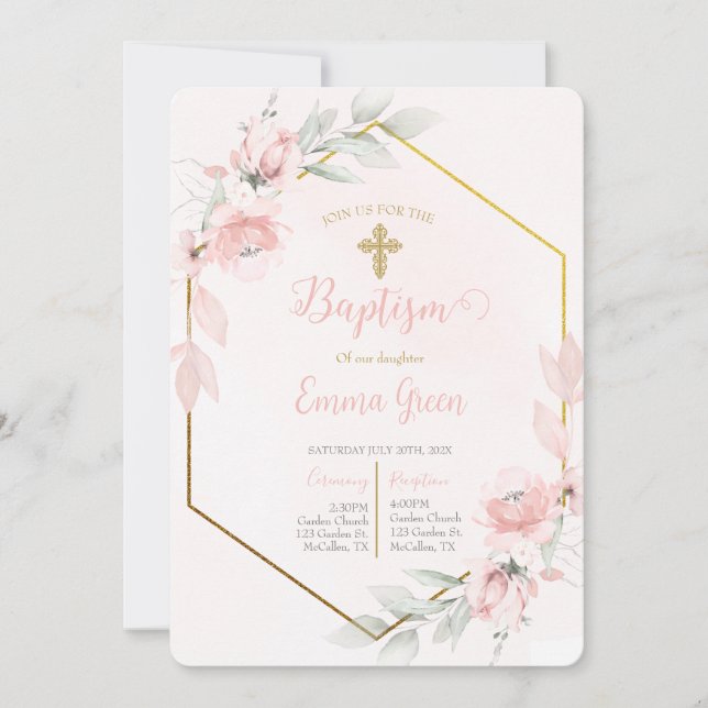 Convites Blush Pink Baptism Girl (Frente)