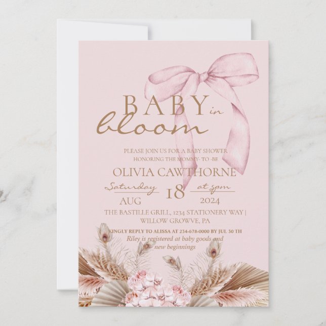 Convites Blush Pink Boho Baby in bloom Baby Shower  (Frente)