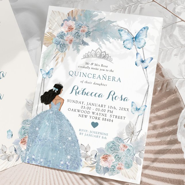 Convites Blush Pink Boho Blue Princesa Royal Quinceañera (Criador carregado)