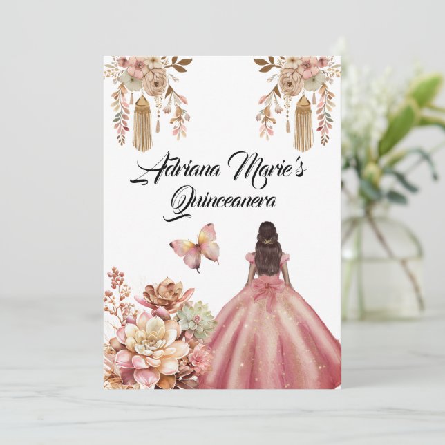 Convites Blush Pink Boho Quinceanera (Em pé/Frente)