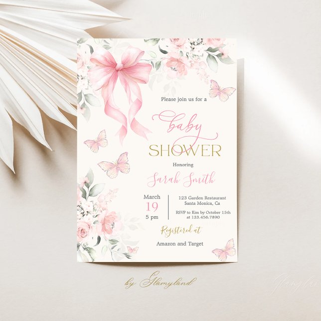 Convites Blush Pink Bow Baby Shower Girl (Criador carregado)