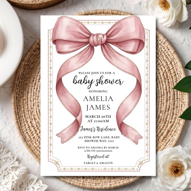 Convites Blush Pink Bow Baby Shower Invitation Editable Ele (Criador carregado)