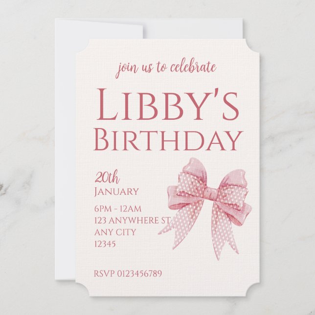 Convites Blush Pink Bow Birthday  (Frente)