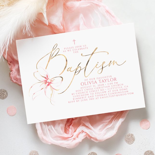 Convites Blush Pink Bow Elegant Minimalist Girl Baptism (Pink Bow Baptism Invitation)