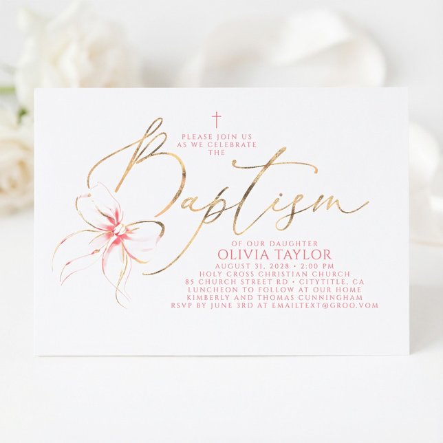 Convites Blush Pink Bow Elegant Minimalist Girl Baptism (Pink Bow Girl Baptism Invitation)