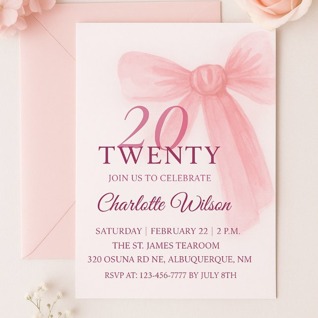 Convites Blush Pink Bow Elegant Twenty 20th Birthday (Criador carregado)