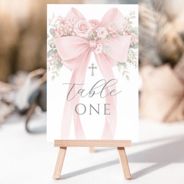 Convites Blush Pink Bow Floral Baptism Table Number (Criador carregado)