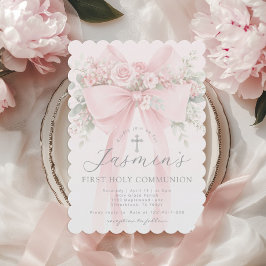 Convites Blush Pink Bow Floral First Holy Communion