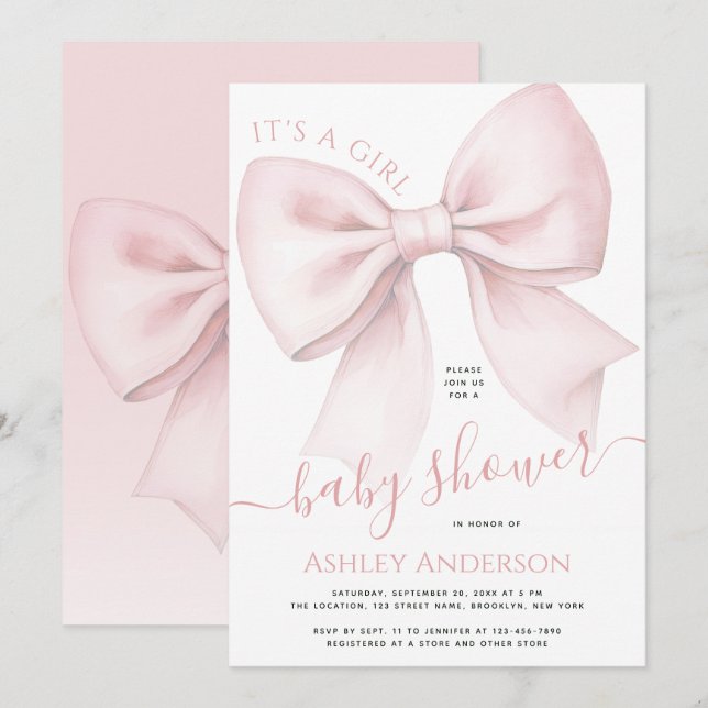 Convites Blush Pink Bow It's a Girl Baby Shower (Frente/Verso)
