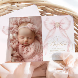 Convites Blush Pink Bow Pearls Gold Cross photo Baptism