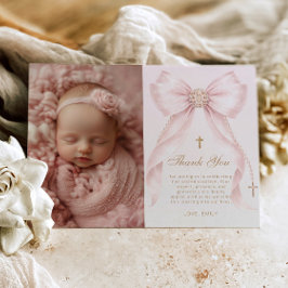 Convites Blush Pink Bow Photo Baptism Thank you Card