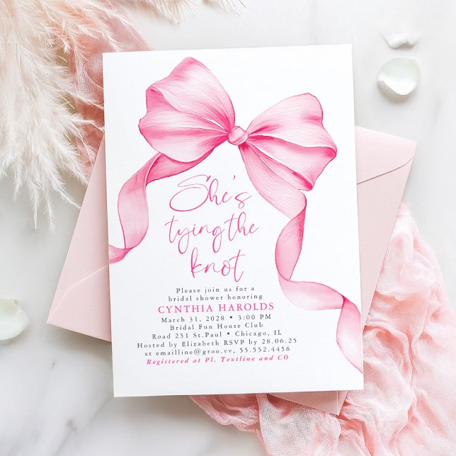 Convites Blush Pink Bow She's Tying the Knot Bridal Shower (Pink Bow Whimsical Playful Bridal Shower Invitation)