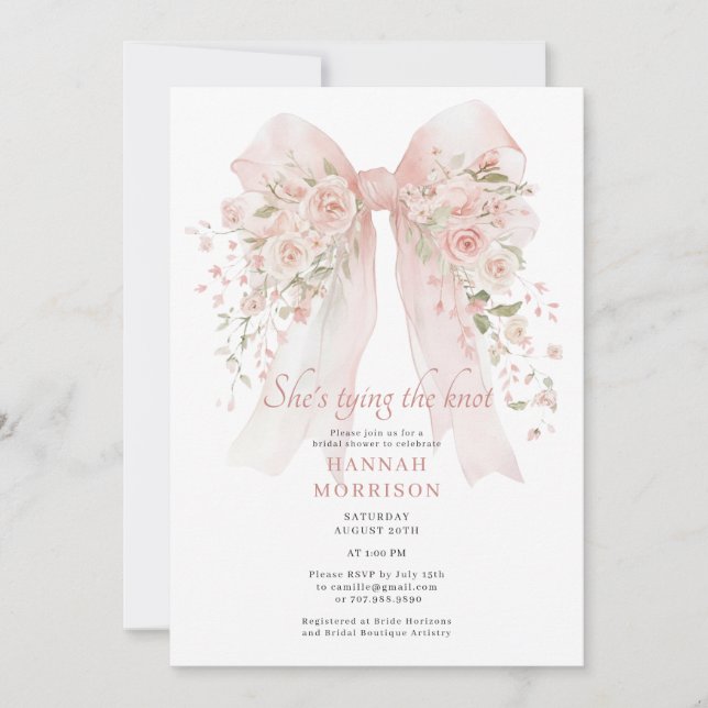 Convites Blush Pink Bow She's Tying the Knot Bridal Shower (Frente)