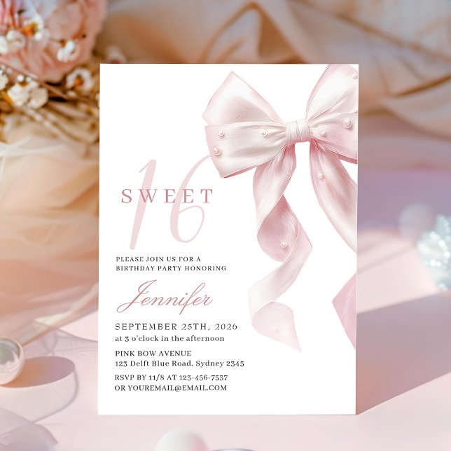 Convites Blush Pink Bow Sweet 16 Birthday Invitation (Criador carregado)