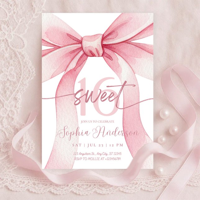 Convites Blush Pink Bow Sweet 16 Invitation (Criador carregado)