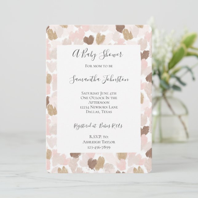 Convites Blush Pink Brown Cream Hearts Baby Shower (Em pé/Frente)